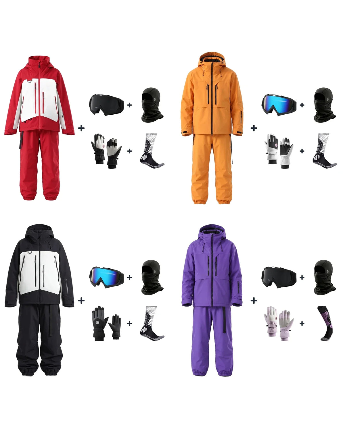 Quatre packs de ski : combinaison, gants, masque, cagoule et chaussettes