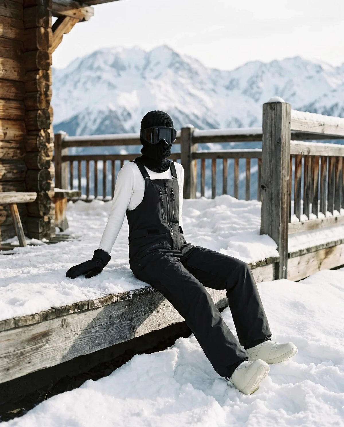Salopette de ski noire portée sur une terrasse de chalet