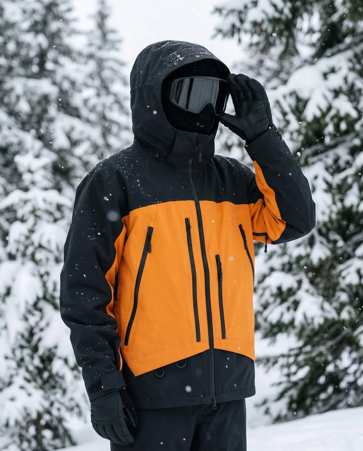 Veste de ski noire et orange sous la neige