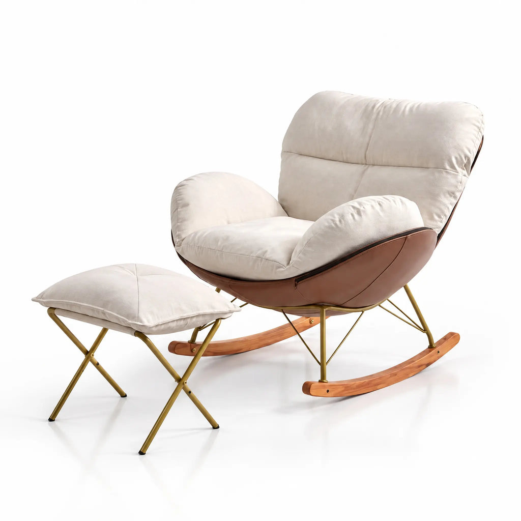 Fauteuil à bascule blanc cassé avec pouf