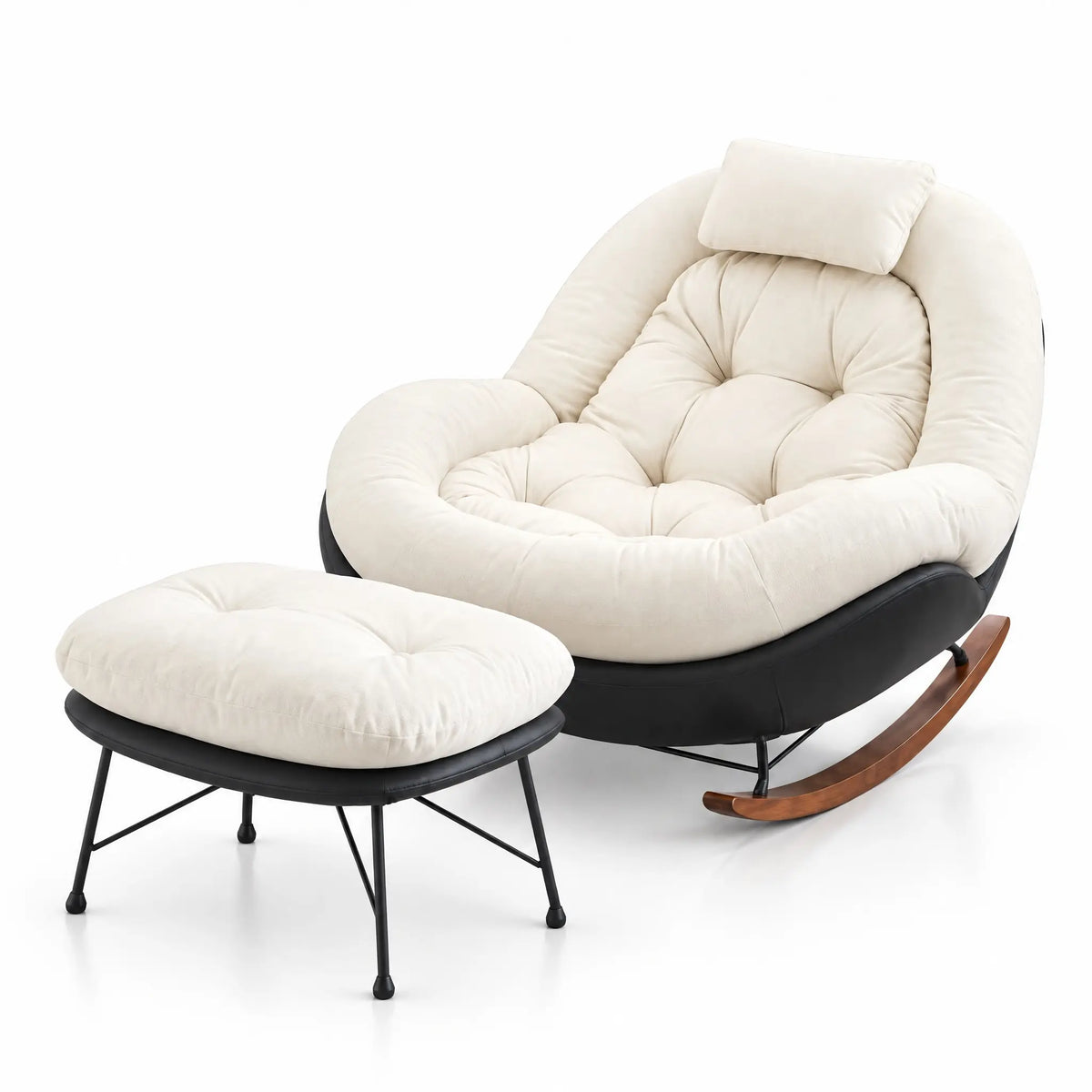 Fauteuil à bascule capitonné crème avec pouf