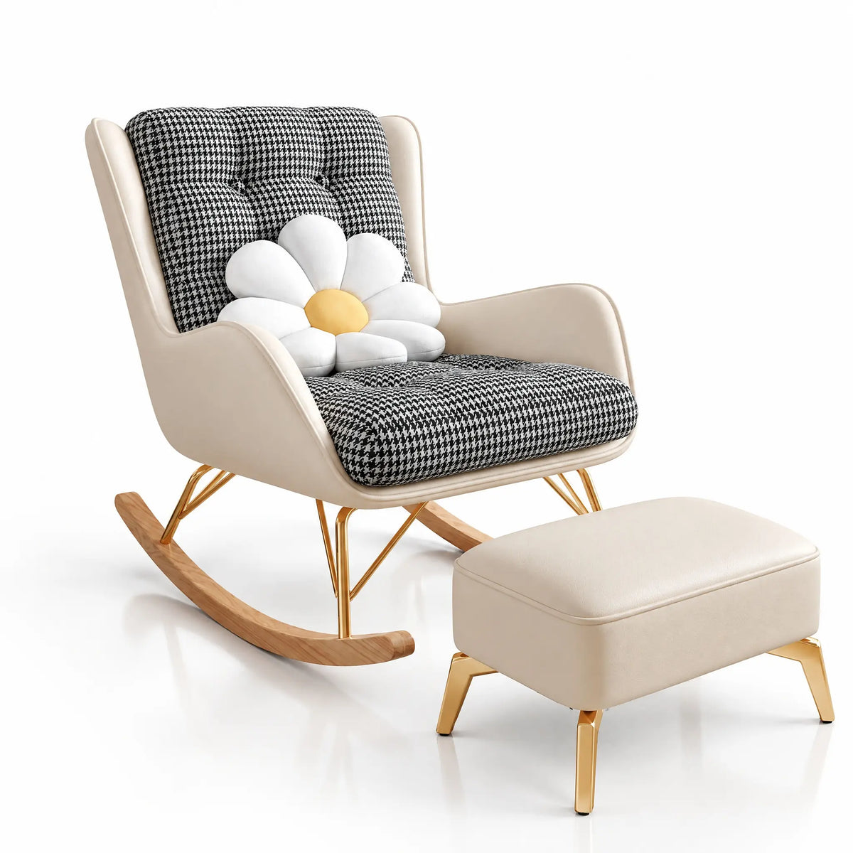 Fauteuil à bascule pied-de-poule crème avec repose-pieds
