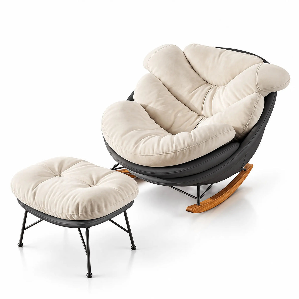 Fauteuil à bascule tissu blanc cassé avec pouf