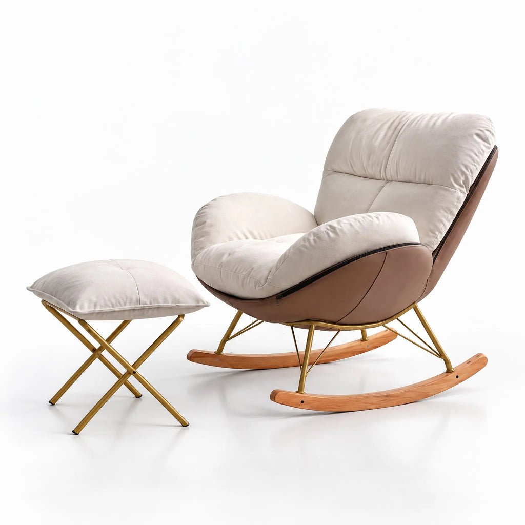 Fauteuil à bascule blanc cassé avec pouf vu de profil