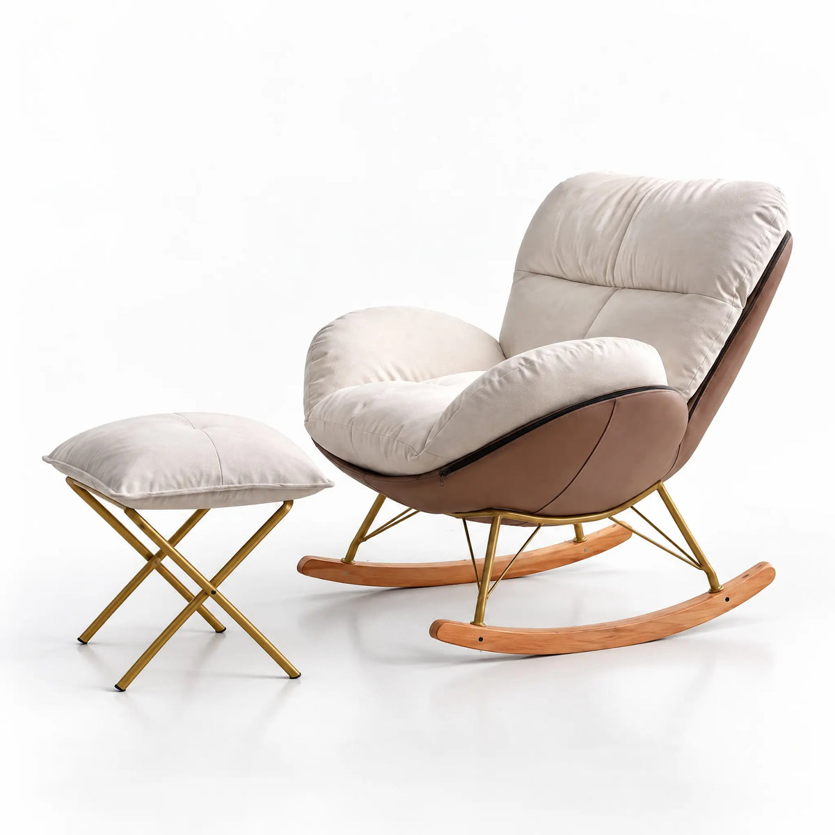 Fauteuil à bascule blanc cassé avec pouf vu de profil