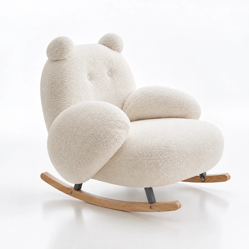 Fauteuil à bascule bouclé blanc vu de profil