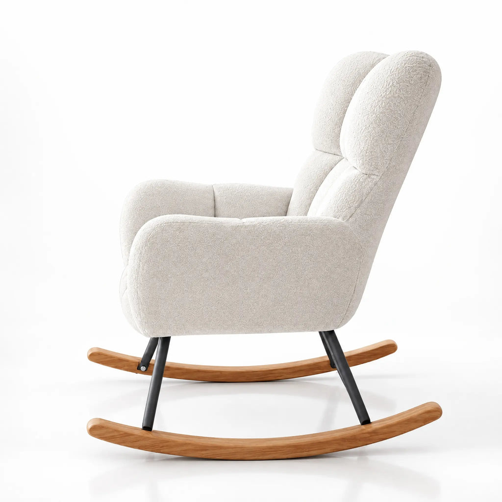 Fauteuil à bascule bouclette blanc vu de profil