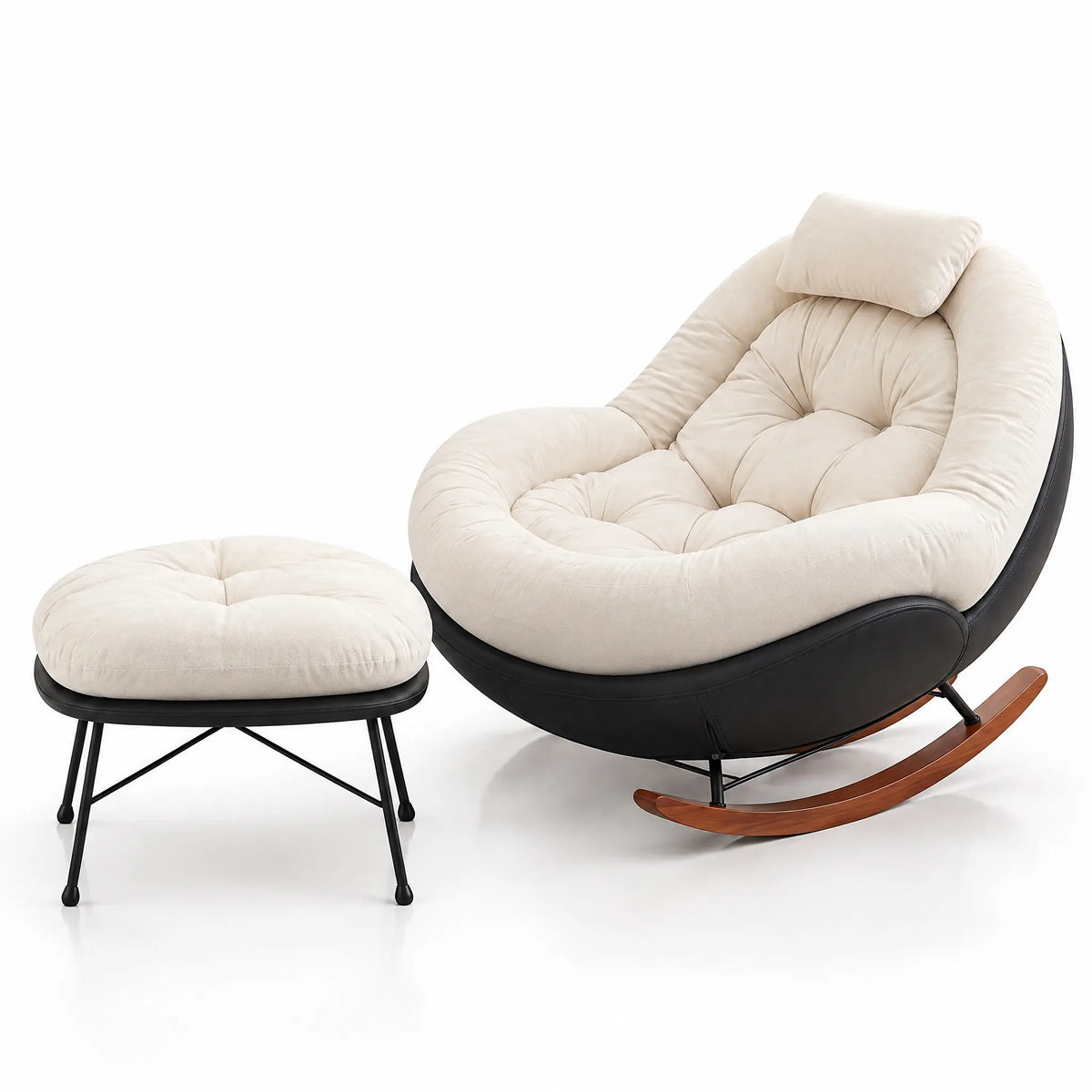 Fauteuil à bascule capitonné crème avec pouf vu de profil