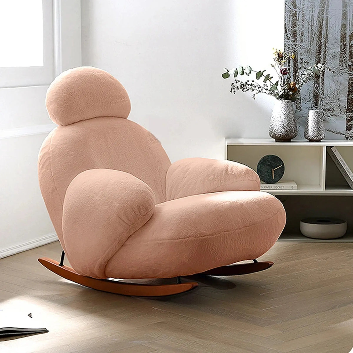 Fauteuil à bascule flanelle blanc avec pouf – rose