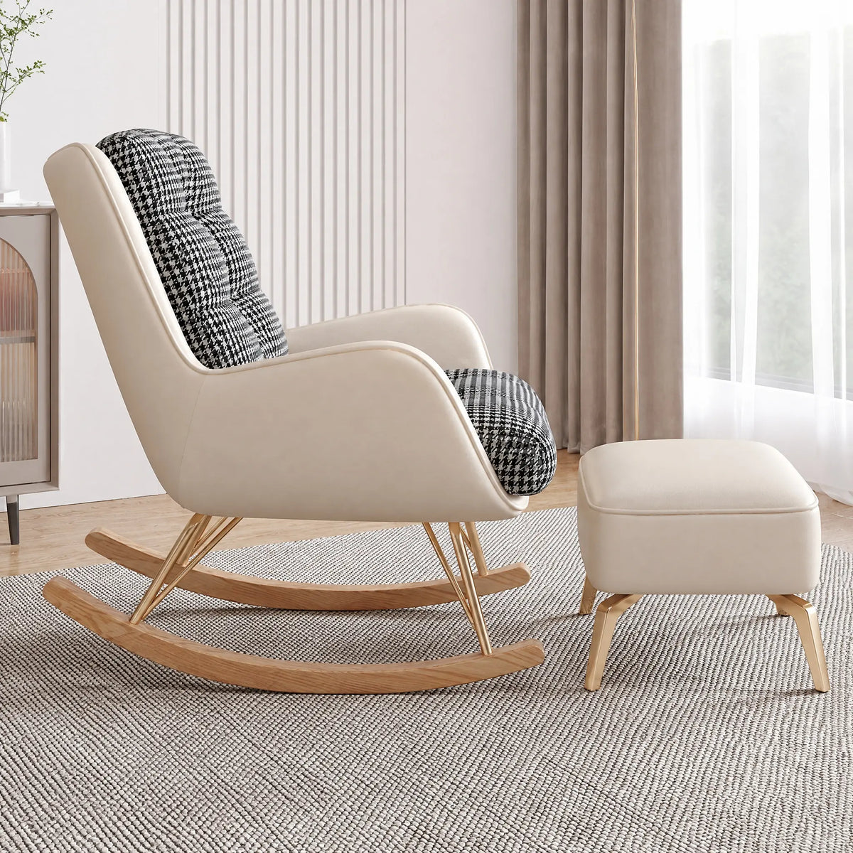 Fauteuil à bascule pied-de-poule crème avec repose-pieds