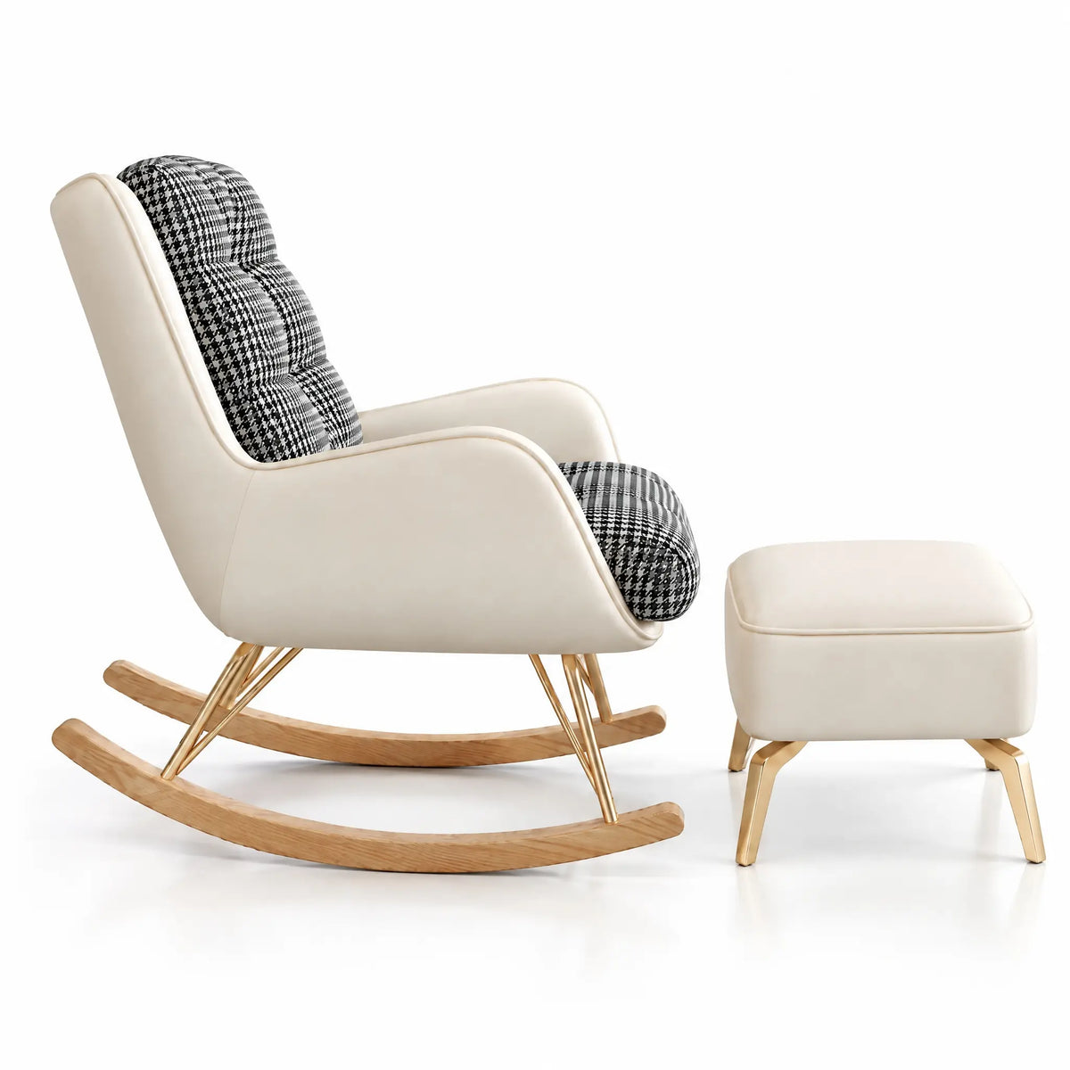 Fauteuil à bascule pied-de-poule crème avec repose-pieds vu de profil