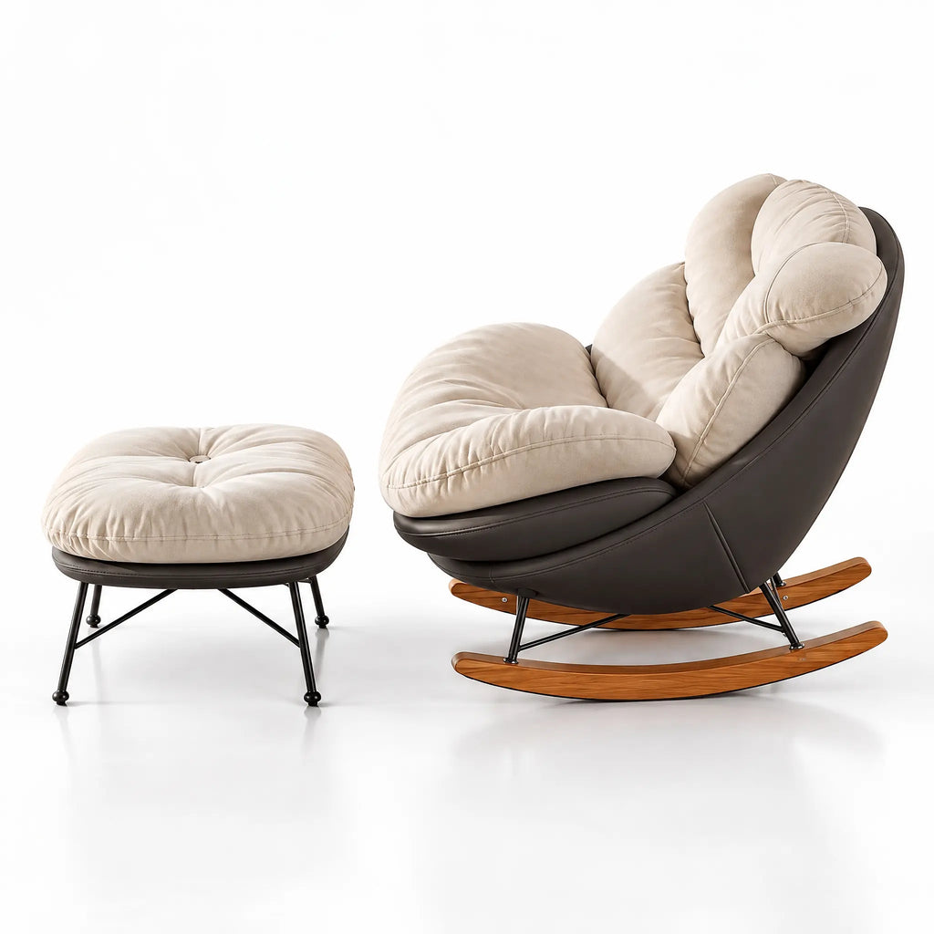 Fauteuil à bascule tissu blanc cassé avec pouf vu de profil