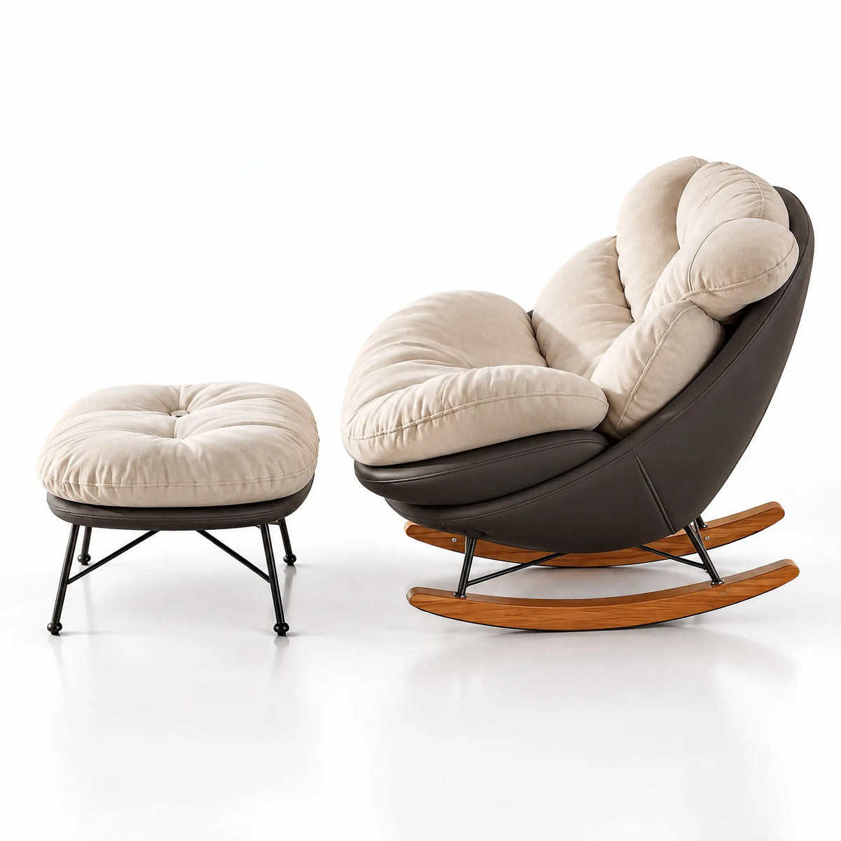 Fauteuil à bascule tissu blanc cassé avec pouf vu de profil