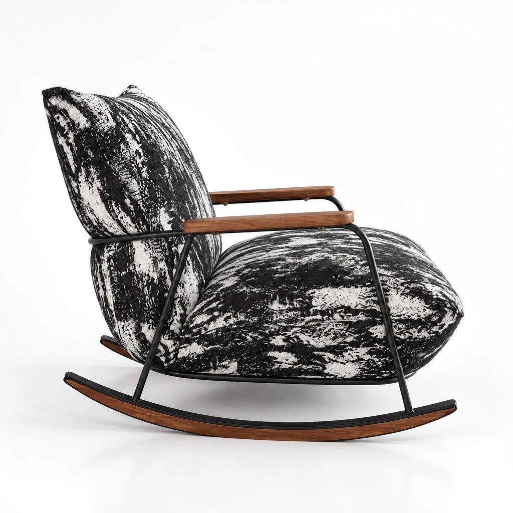 Fauteuil à bascule velours noir chiné vu de profil