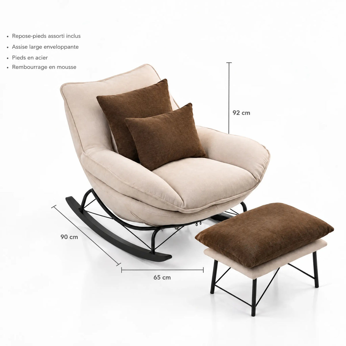 Fauteuil à bascule beige avec repose-pieds – dimensions