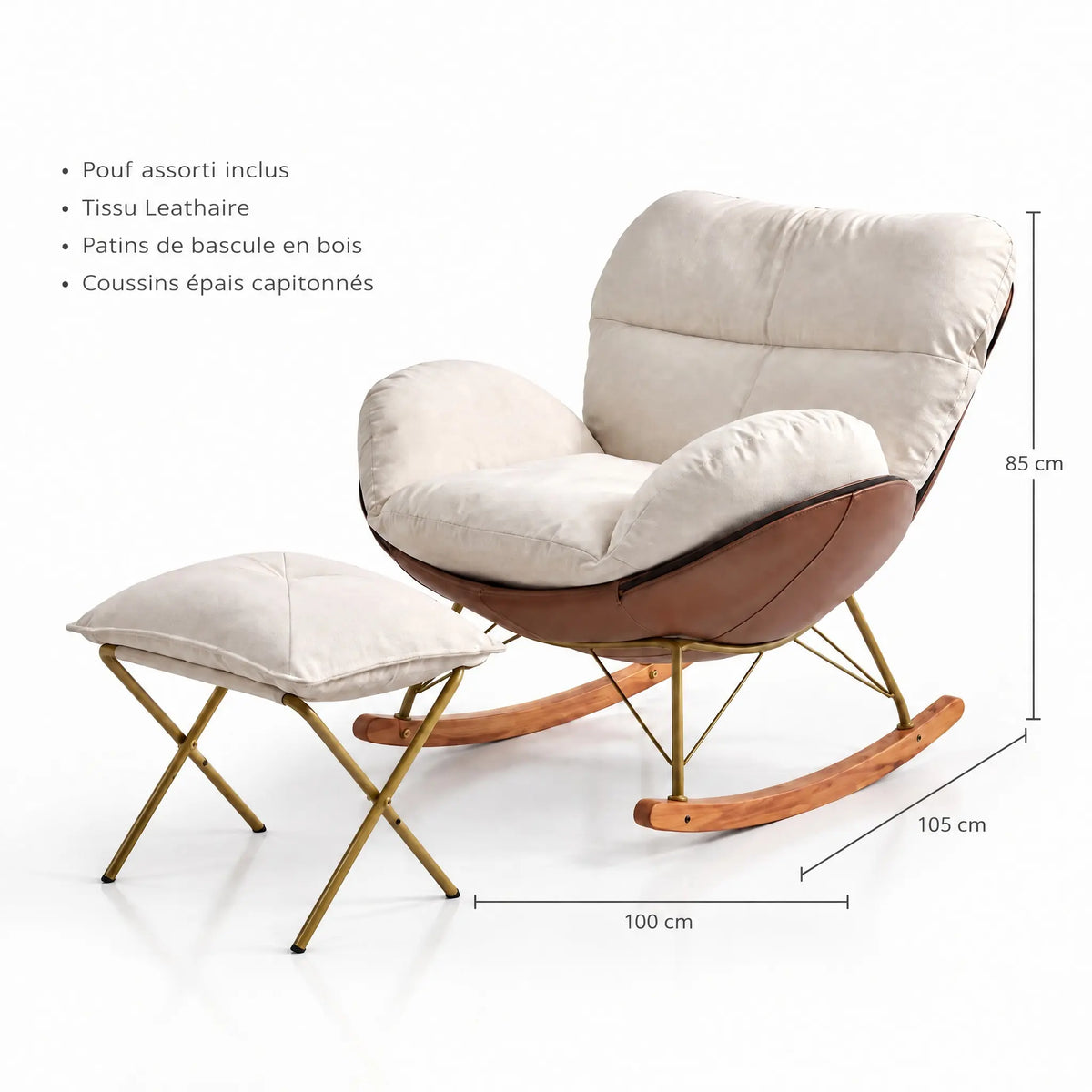 Fauteuil à bascule blanc cassé avec pouf – dimensions