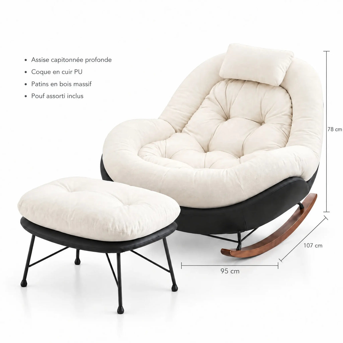 Fauteuil à bascule capitonné crème avec pouf – dimensions