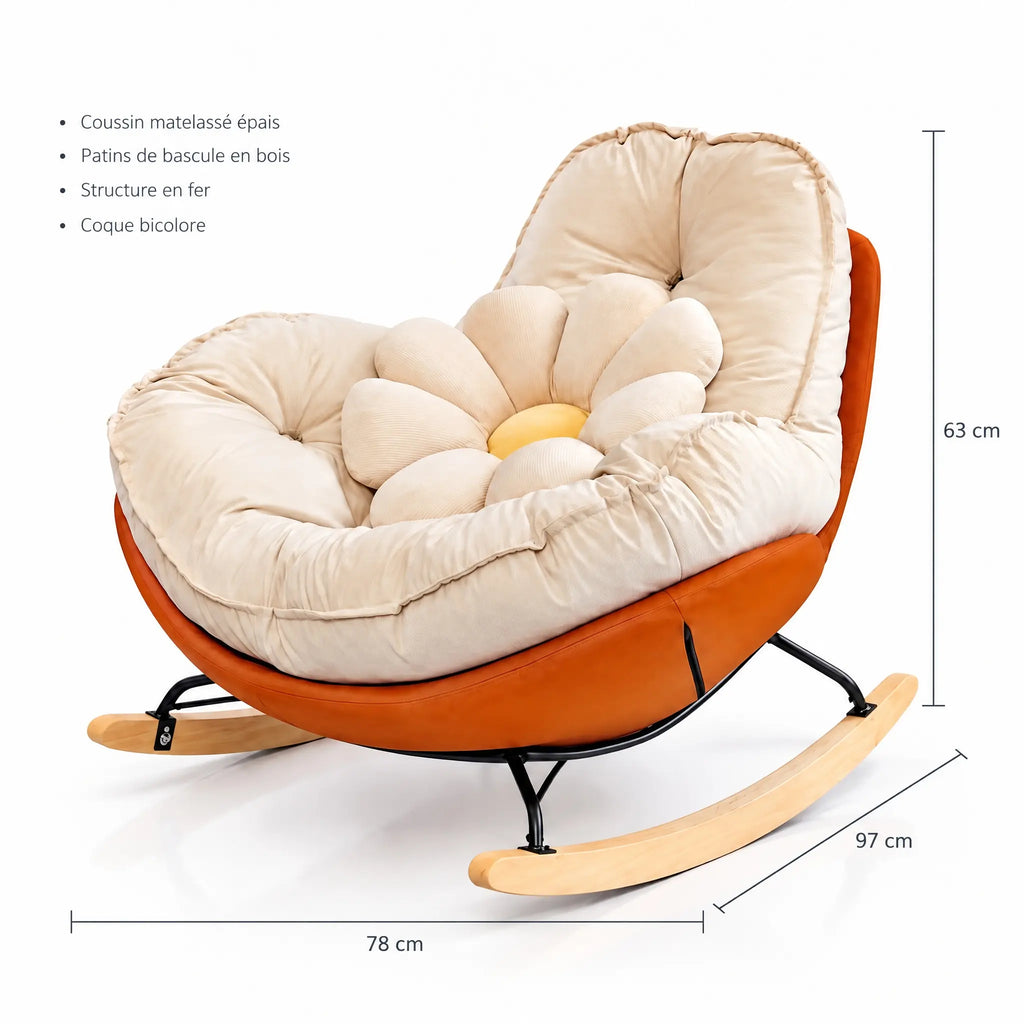 Fauteuil à bascule coque orange et coussin crème – dimensions