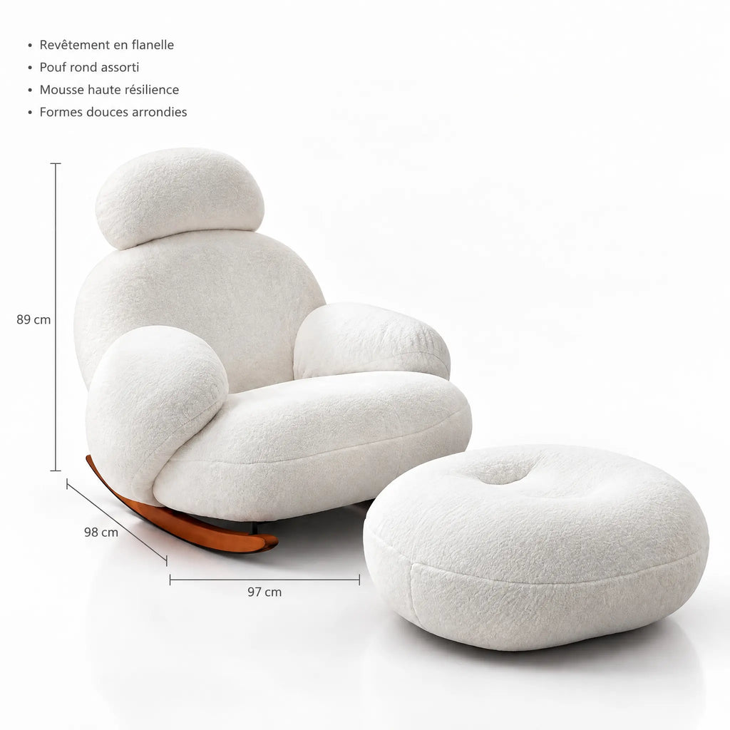Fauteuil à bascule flanelle blanc avec pouf – dimensions