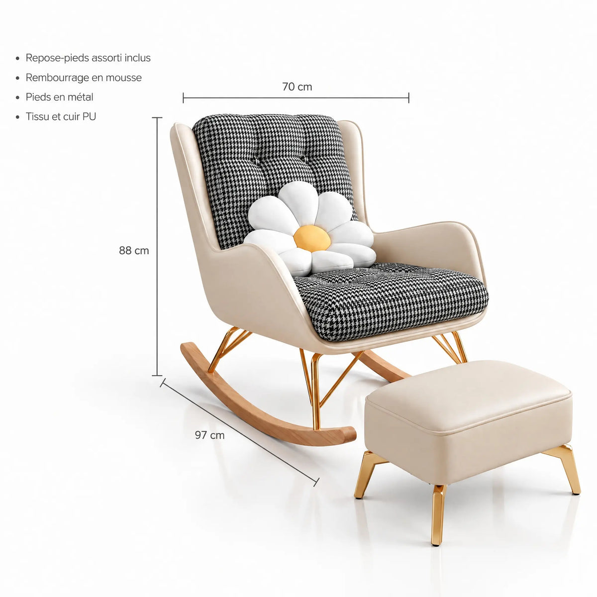Fauteuil à bascule pied-de-poule crème avec repose-pieds – dimensions
