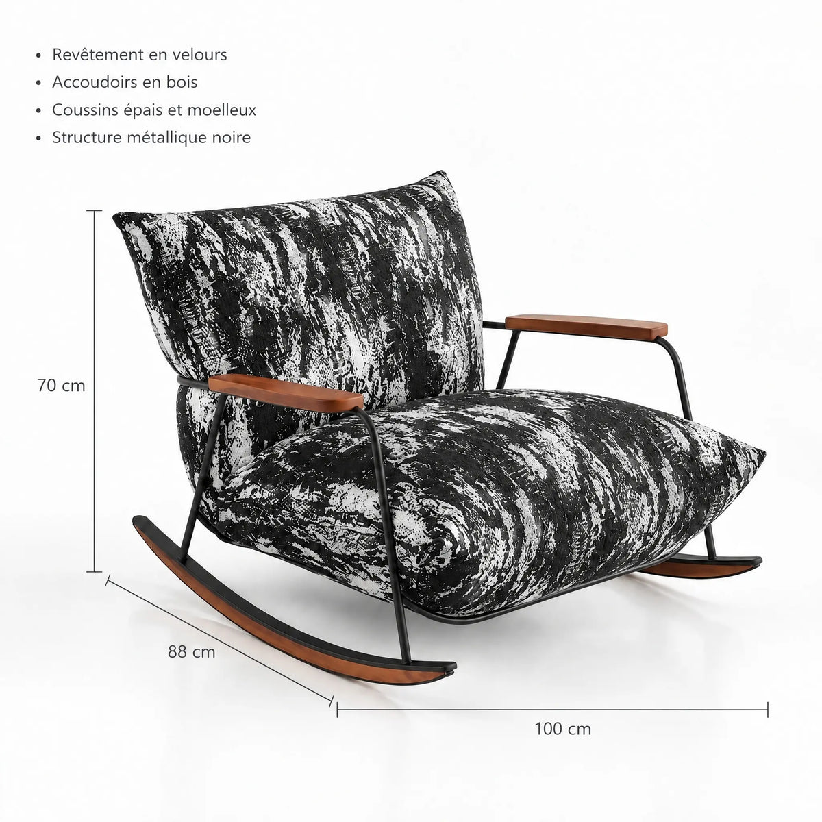 Fauteuil à bascule velours noir chiné – dimensions