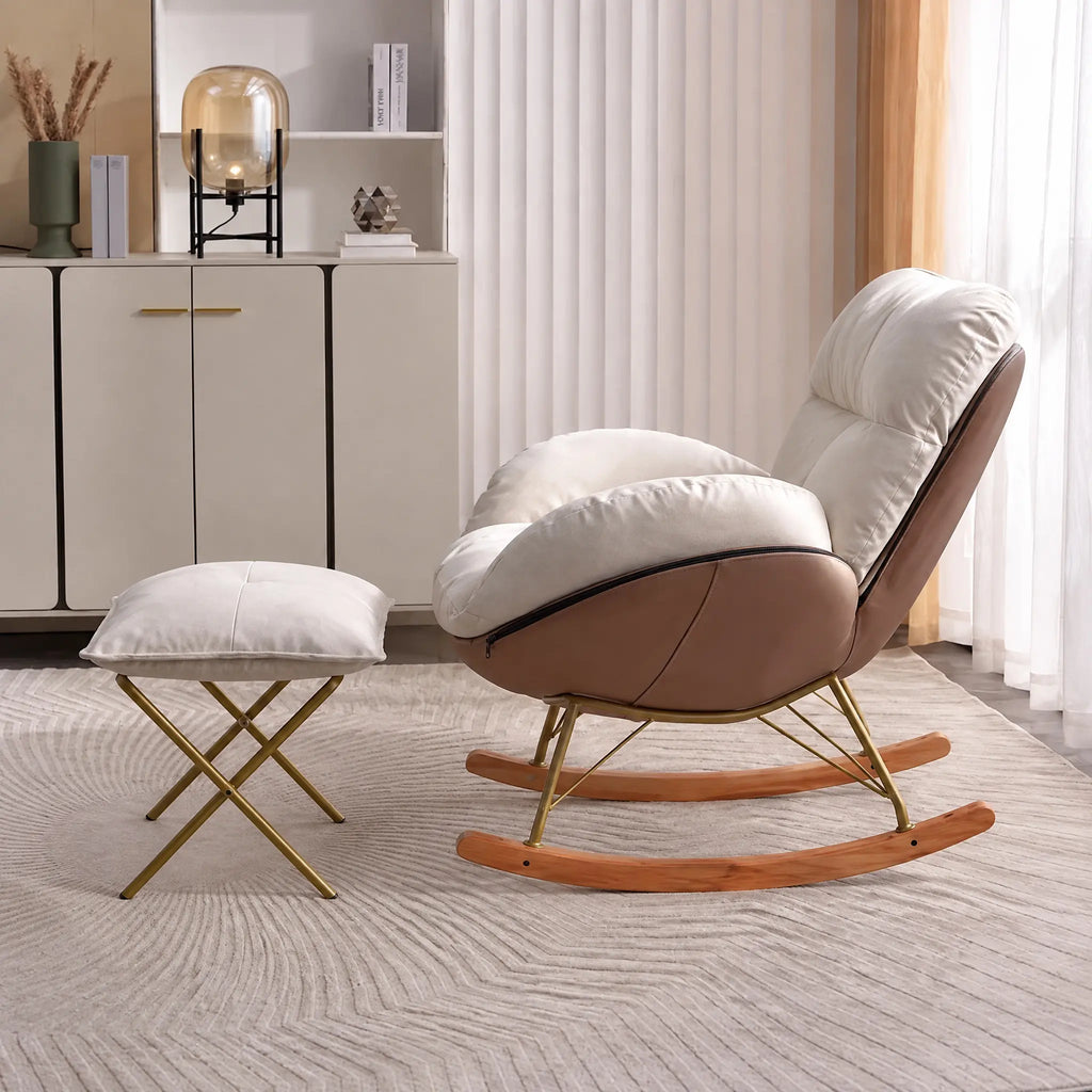 Fauteuil à bascule blanc cassé avec pouf