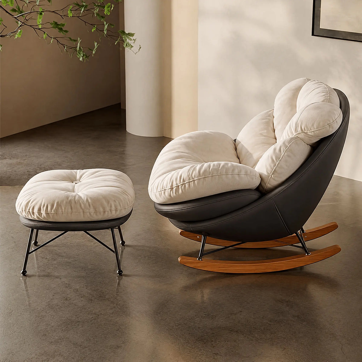 Fauteuil à bascule tissu blanc cassé avec pouf