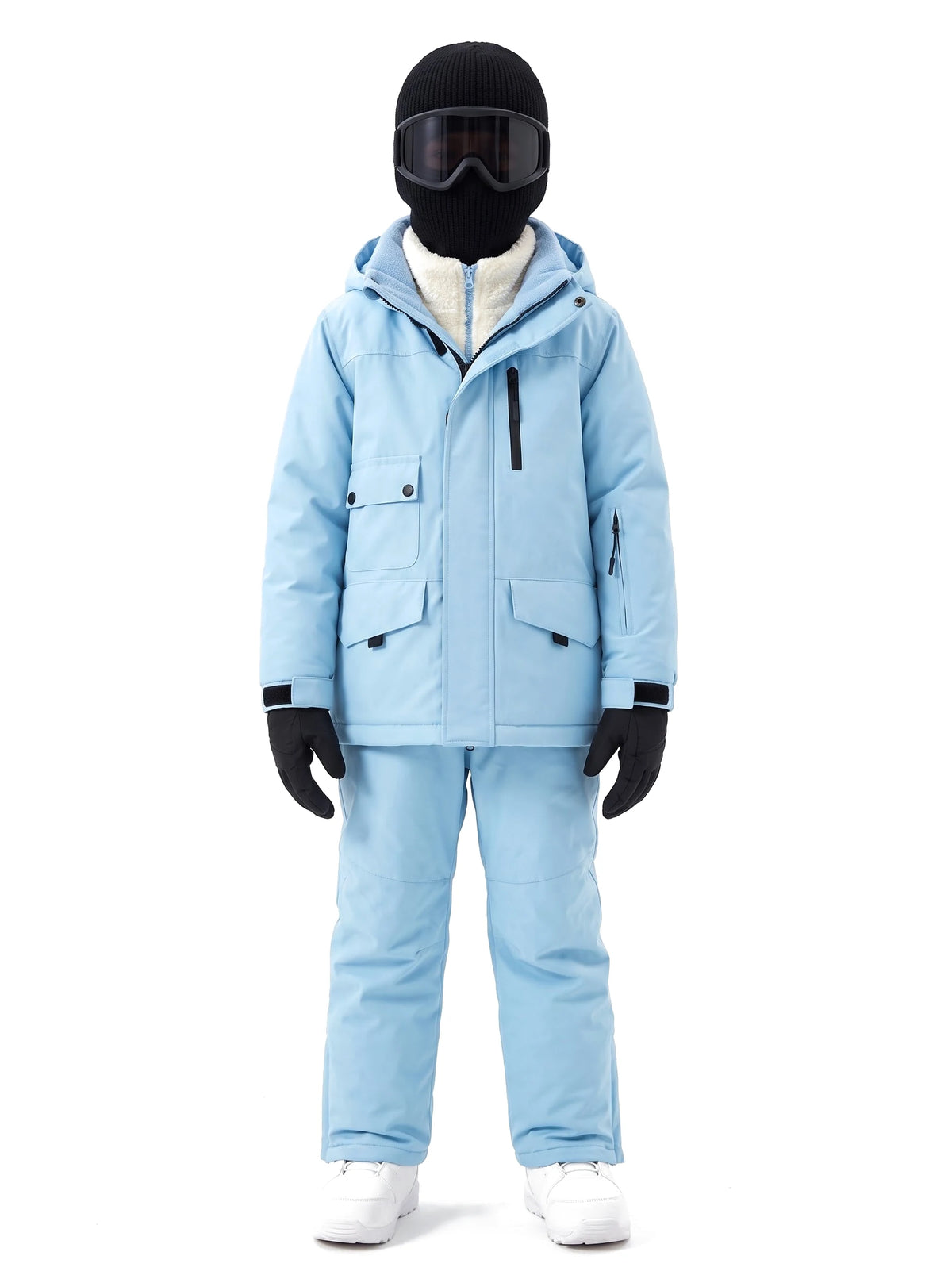 Combinaison de ski enfant doublée sherpa, veste et pantalon à bretelles – Bleu ciel