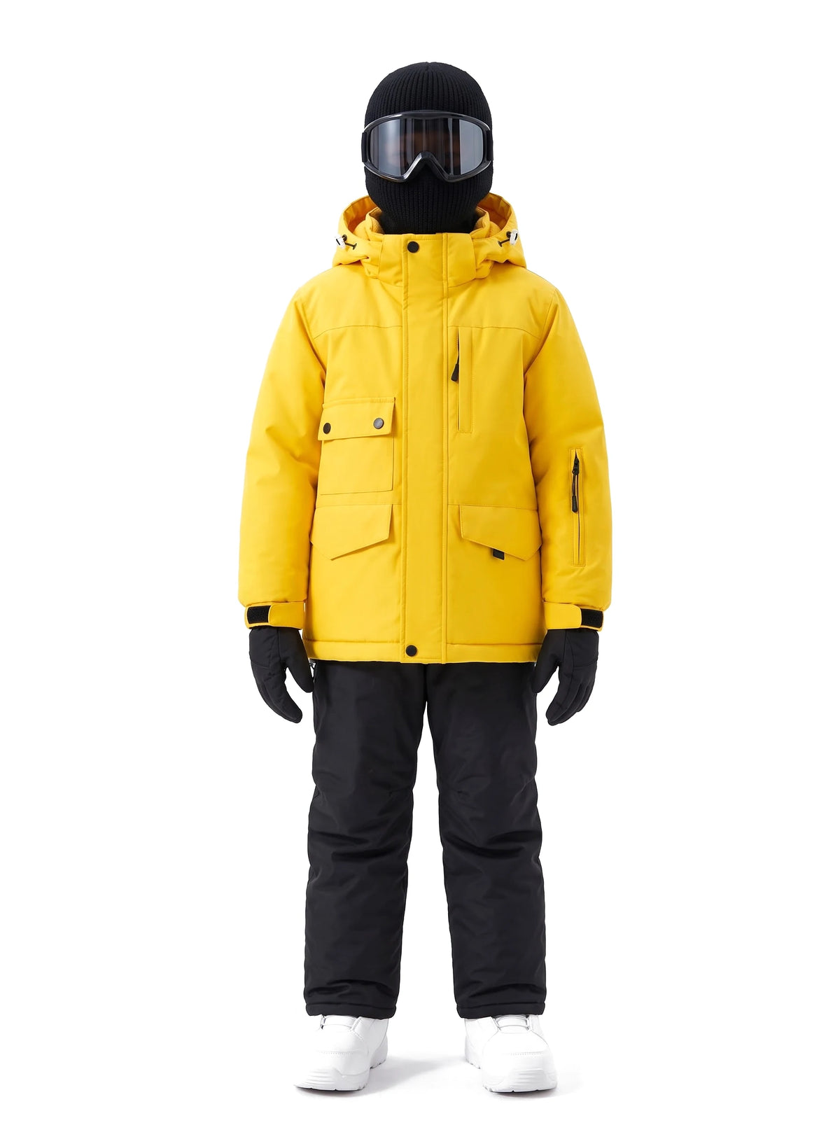Combinaison de ski enfant doublée sherpa, veste et pantalon à bretelles – Jaune et noir