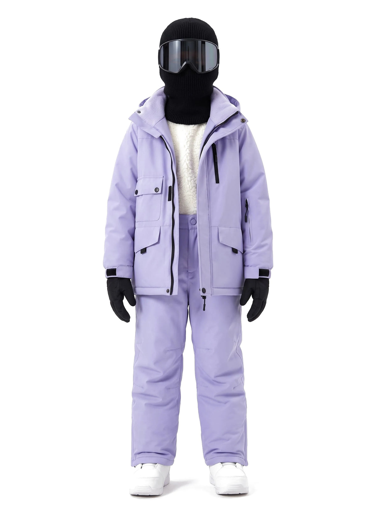 Combinaison de ski enfant doublée sherpa, veste et pantalon à bretelles – Lilas