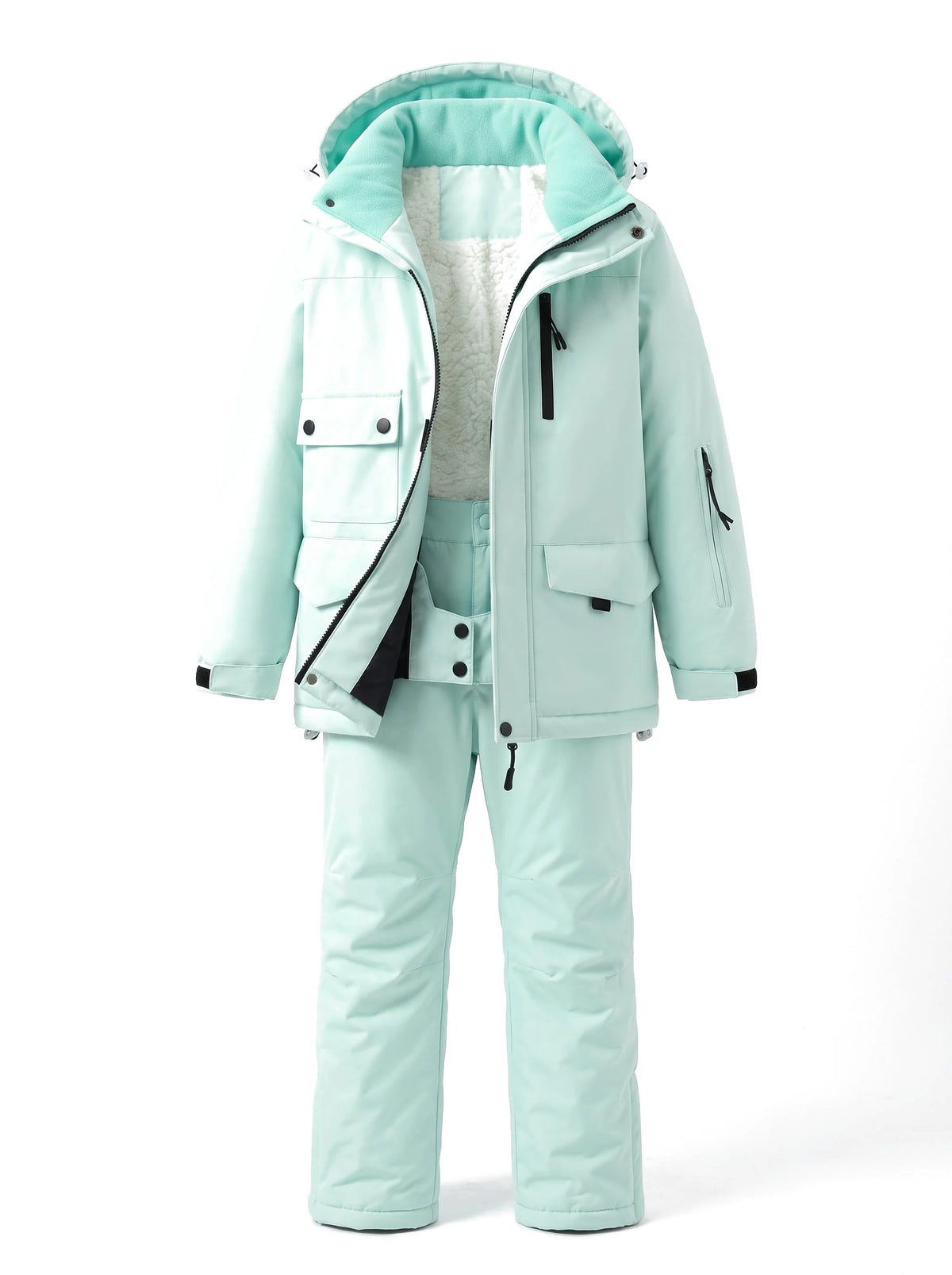 Combinaison de ski enfant doublée sherpa, veste et pantalon à bretelles – Menthe