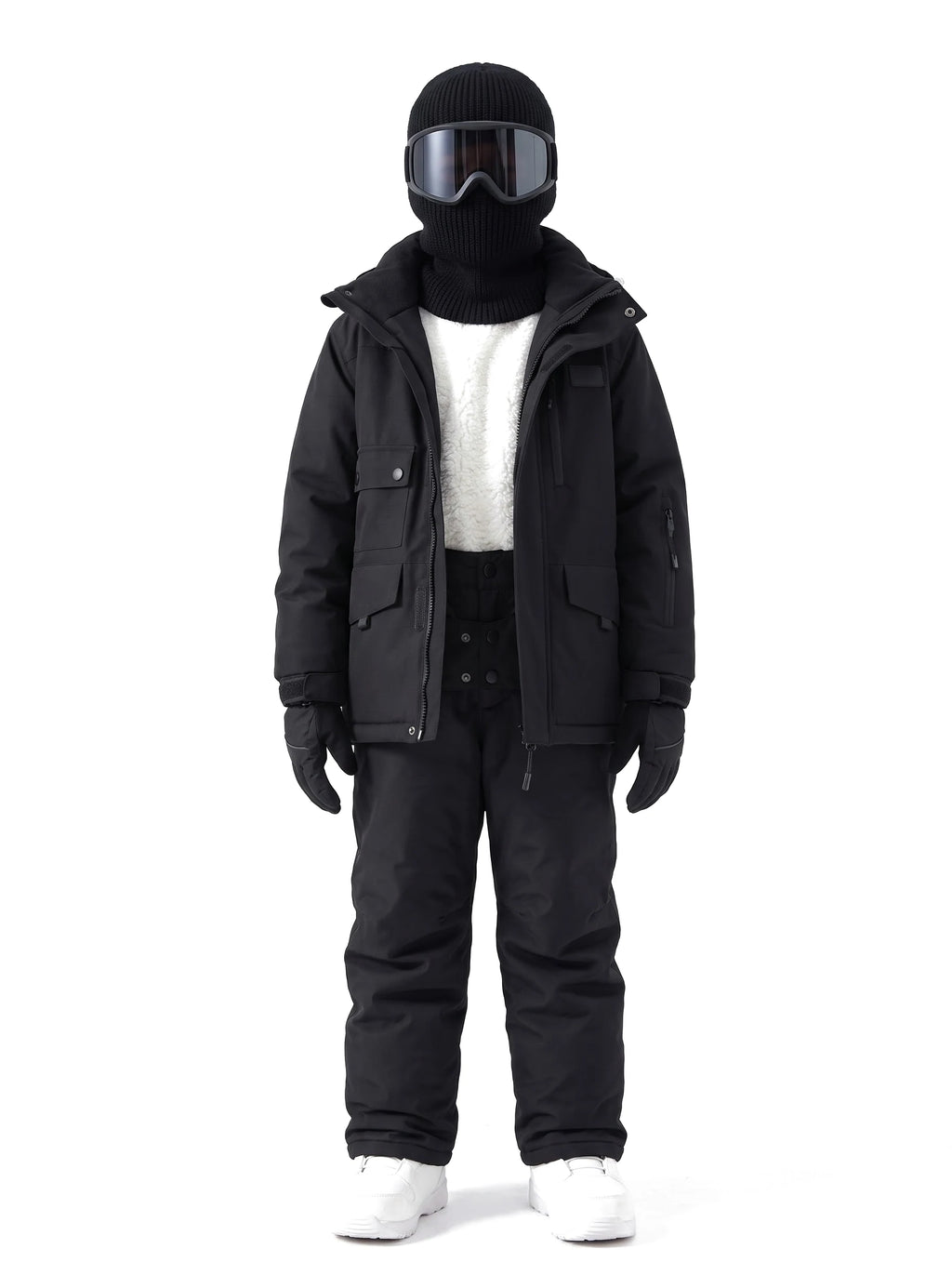 Combinaison de ski enfant doublée sherpa, veste et pantalon à bretelles – Noir