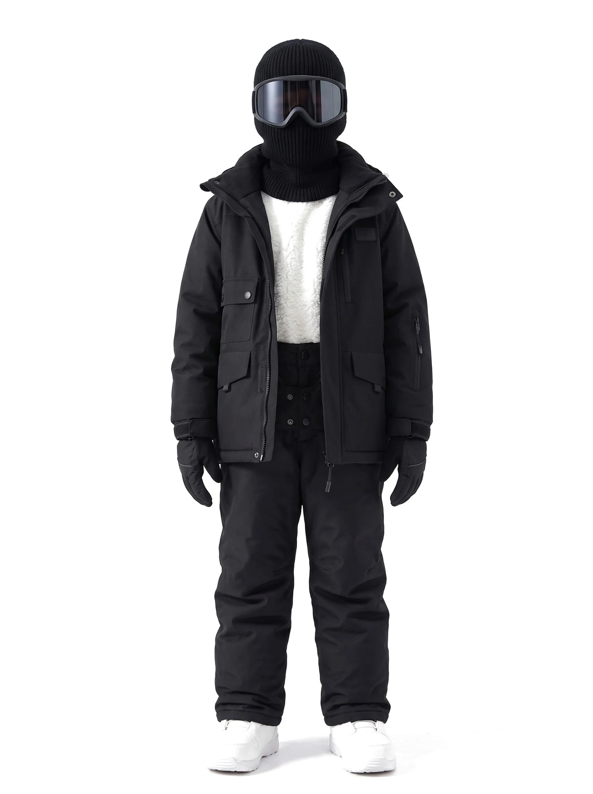 Combinaison de ski enfant doublée sherpa, veste et pantalon à bretelles – Noir