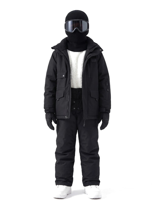Combinaison de ski enfant doublée sherpa, veste et pantalon à bretelles – Noir