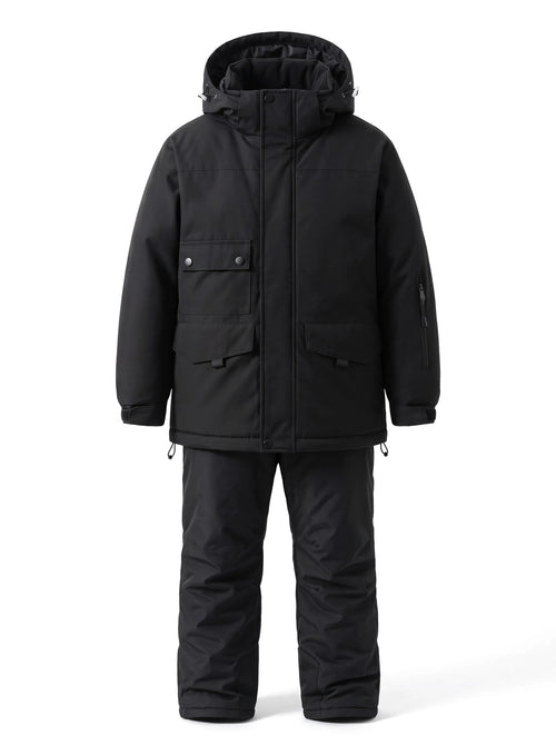 Combinaison de ski enfant doublée sherpa, veste et pantalon à bretelles – Noir