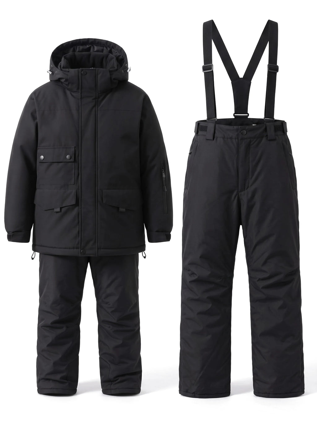 Combinaison de ski enfant doublée sherpa, veste et pantalon à bretelles – Noir