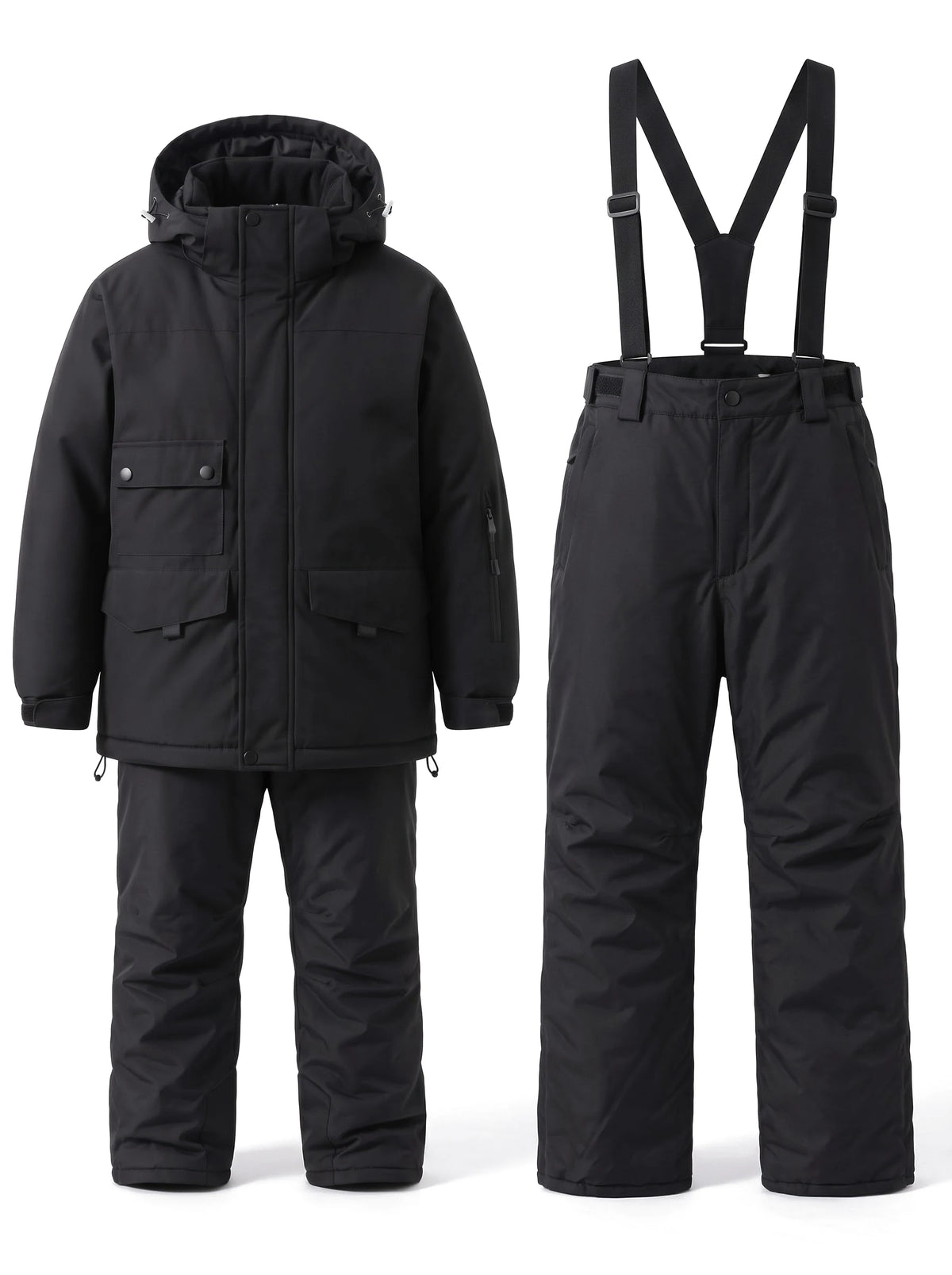 Combinaison de ski enfant doublée sherpa, veste et pantalon à bretelles – Noir