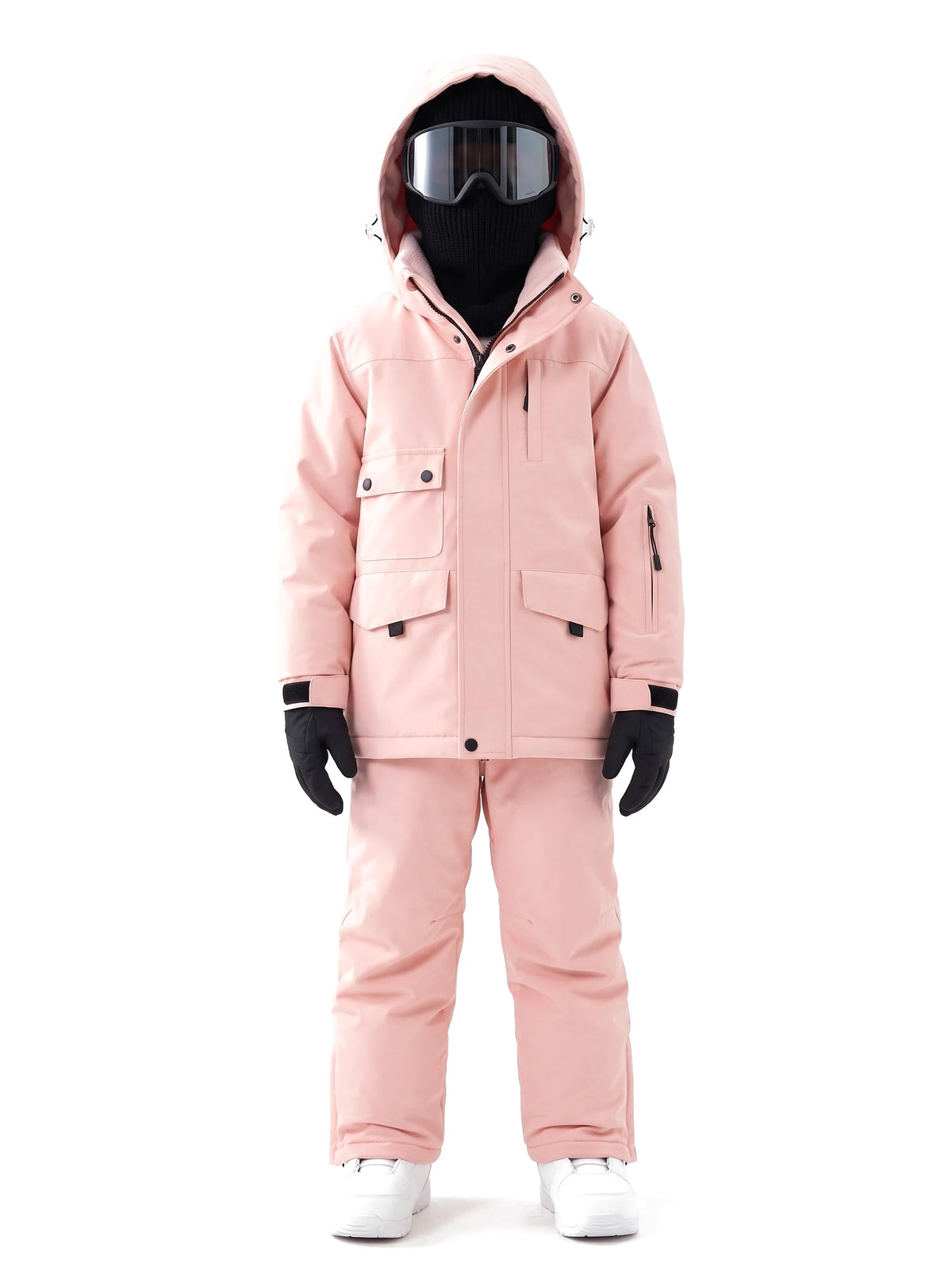 Combinaison de ski enfant doublée sherpa, veste et pantalon à bretelles – Rose corail