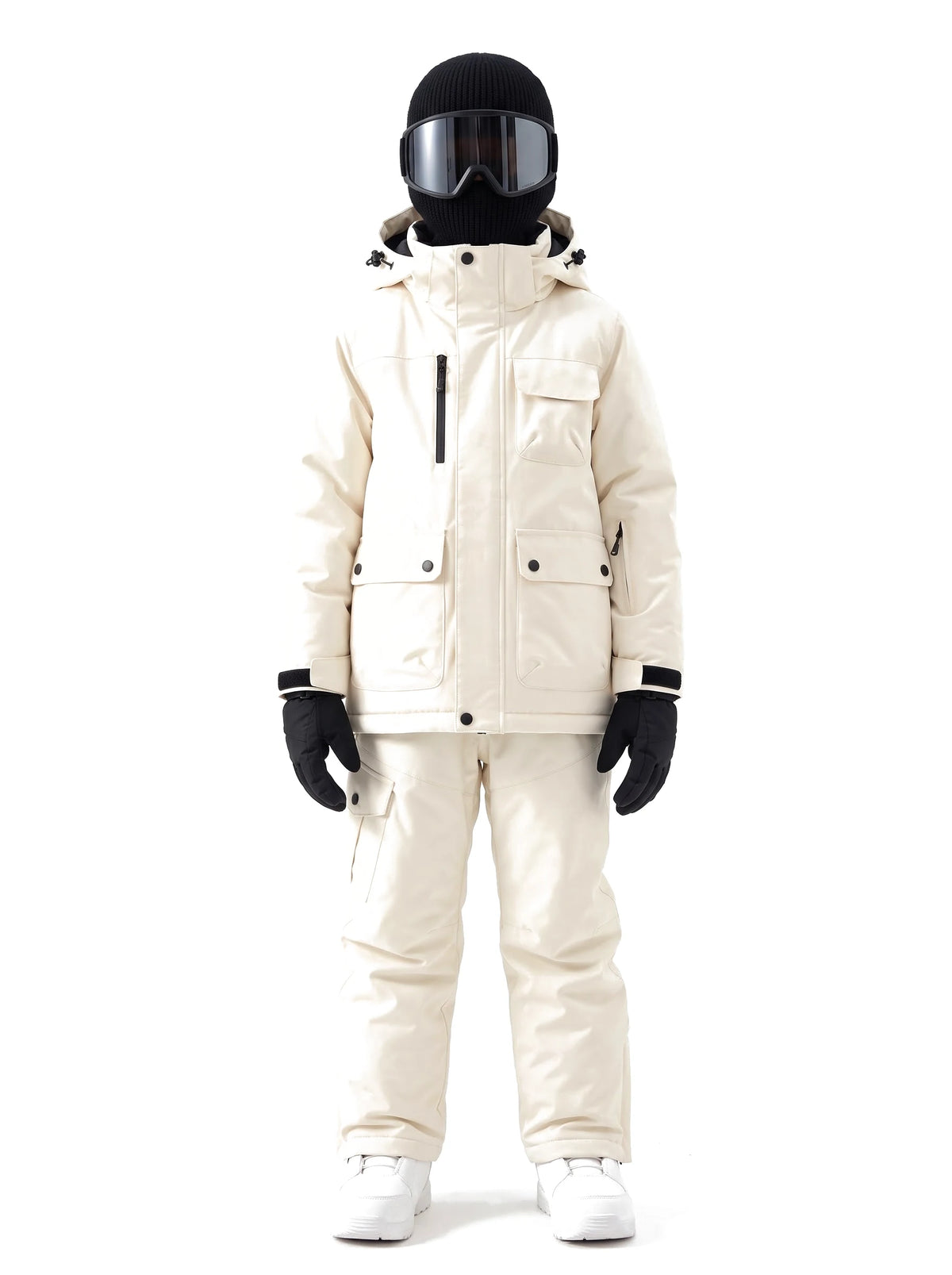 Combinaison de ski enfant veste à capuche et pantalon à bretelles – Crème