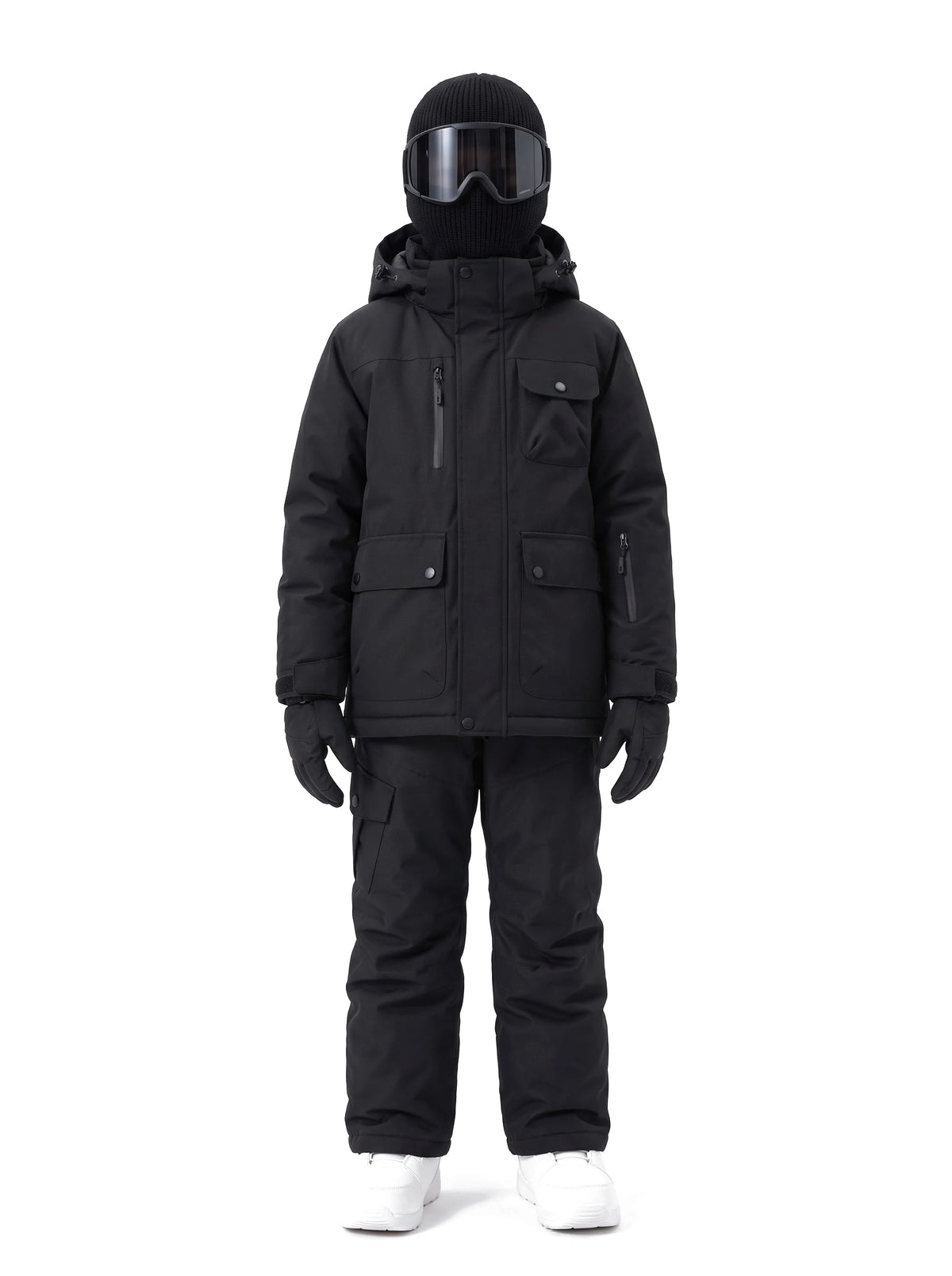 Combinaison de ski enfant veste à capuche et pantalon à bretelles – Noir