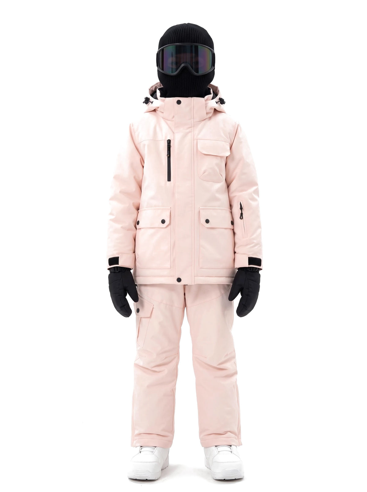 Combinaison de ski enfant veste à capuche et pantalon à bretelles – Rose poudré