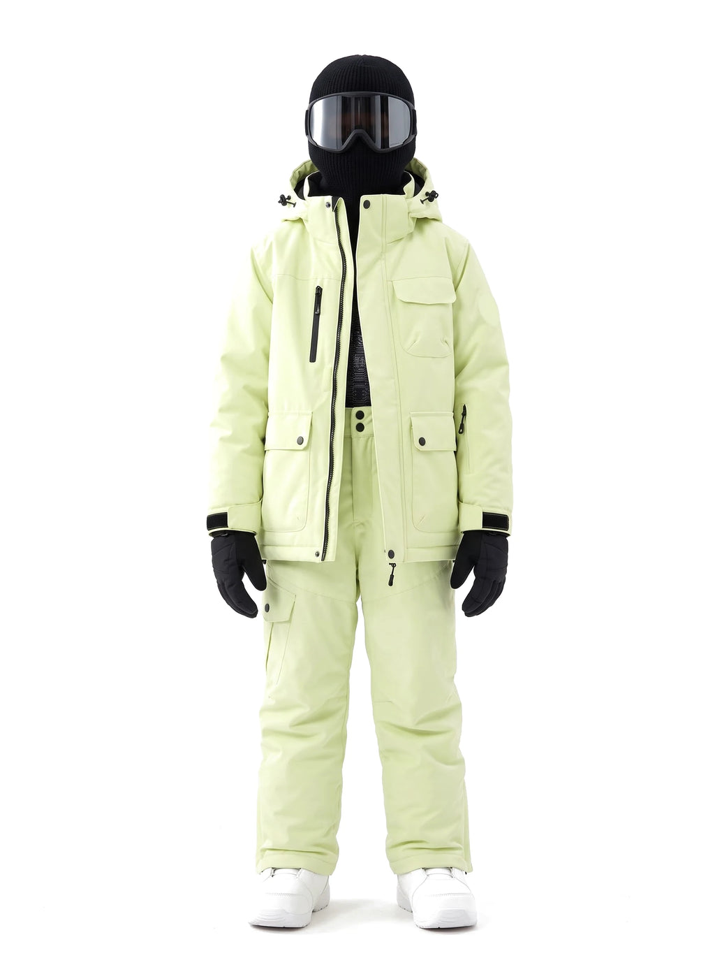 Combinaison de ski enfant veste à capuche et pantalon à bretelles – Vert anis