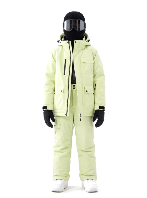 Combinaison de ski enfant veste à capuche et pantalon à bretelles – Vert anis