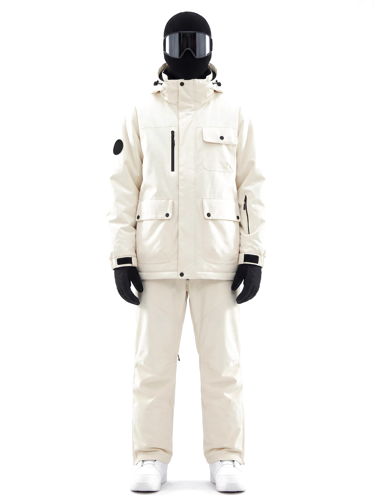 Combinaison de ski mixte veste et salopette à capuche amovible – Crème