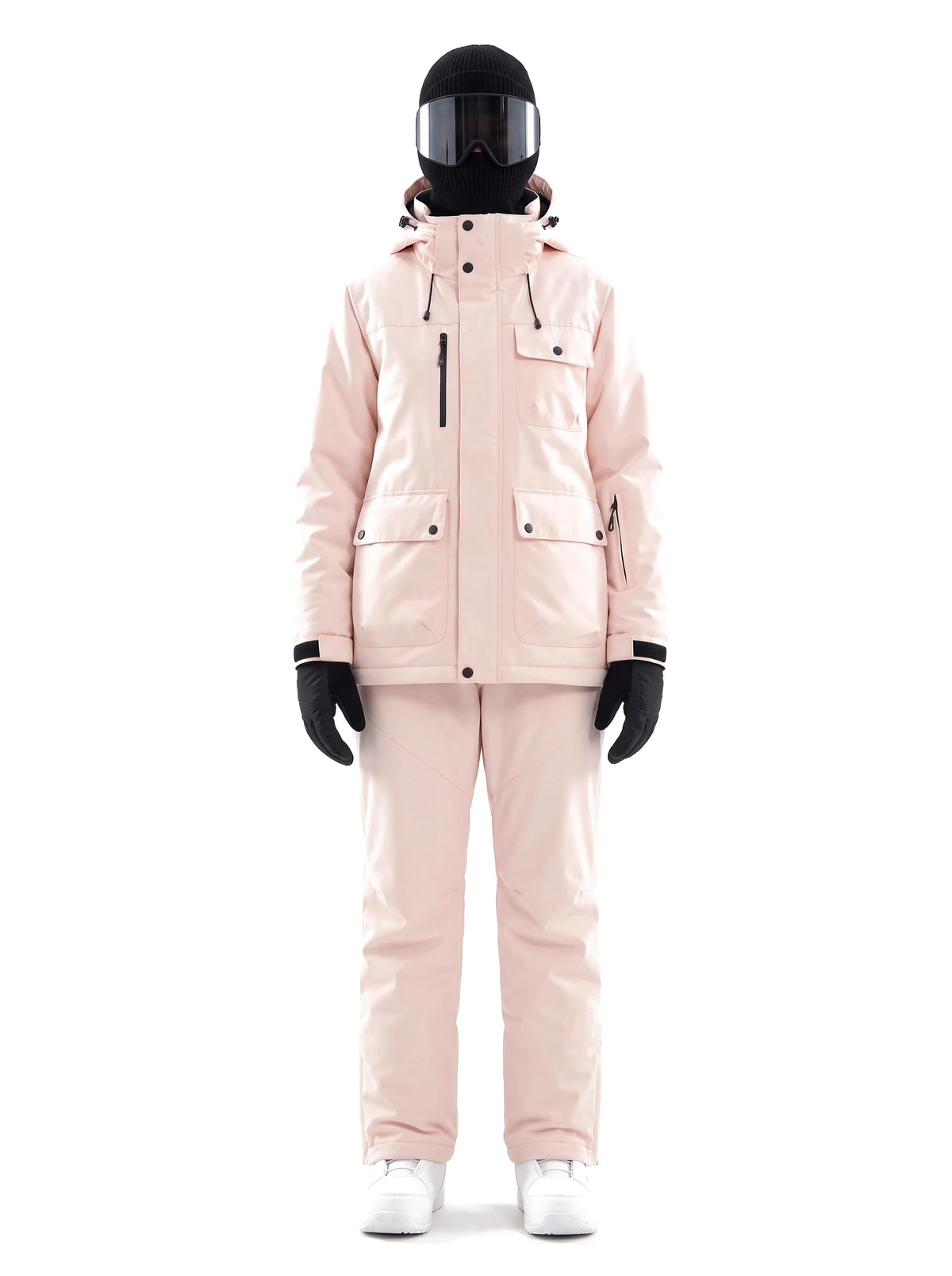 Combinaison de ski mixte veste et salopette à capuche amovible – Rose poudré