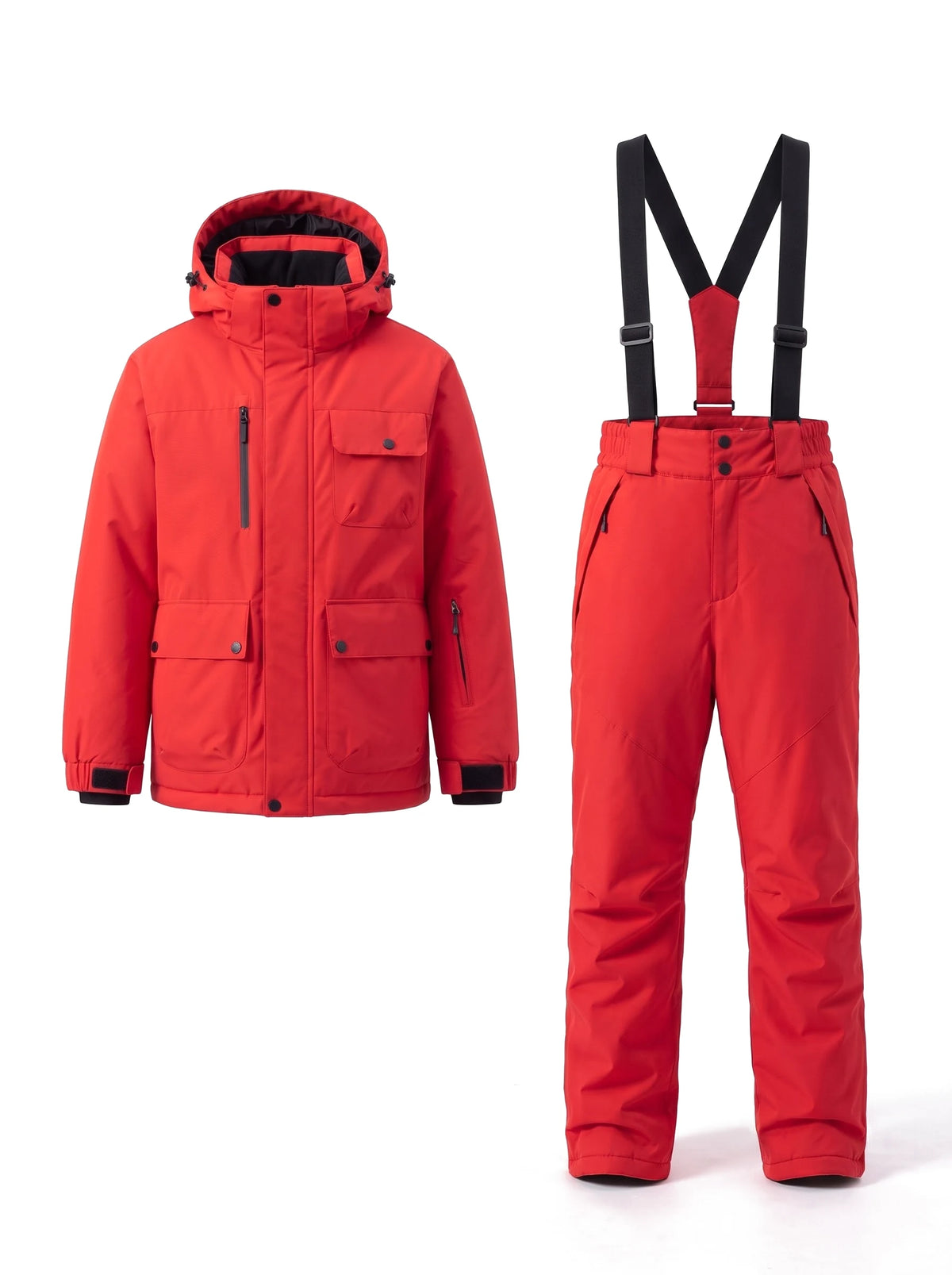 Combinaison de ski mixte veste et salopette à capuche amovible – Rouge