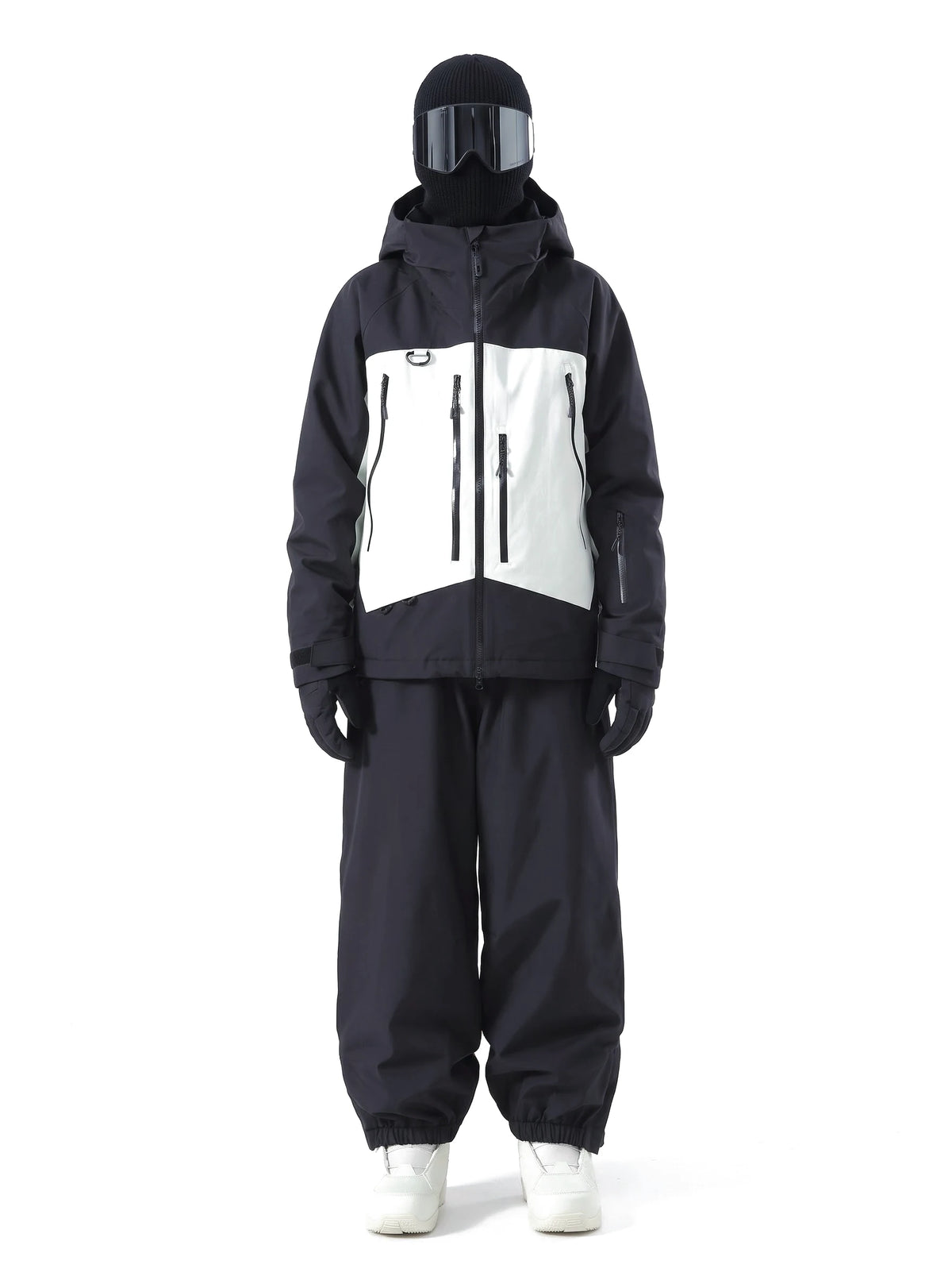 Combinaison de ski unisexe veste 3 couches et pantalon ample – Noir et blanc