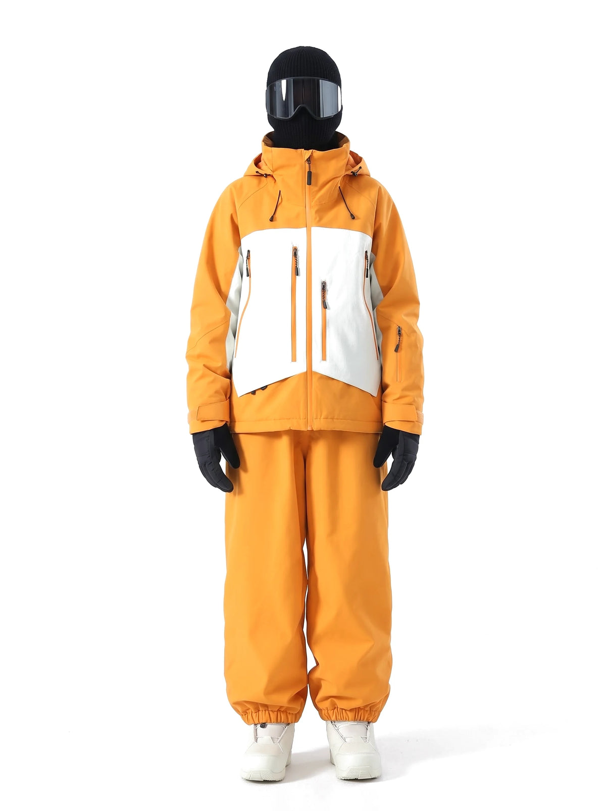 Combinaison de ski unisexe veste 3 couches et pantalon ample – Orange et blanc
