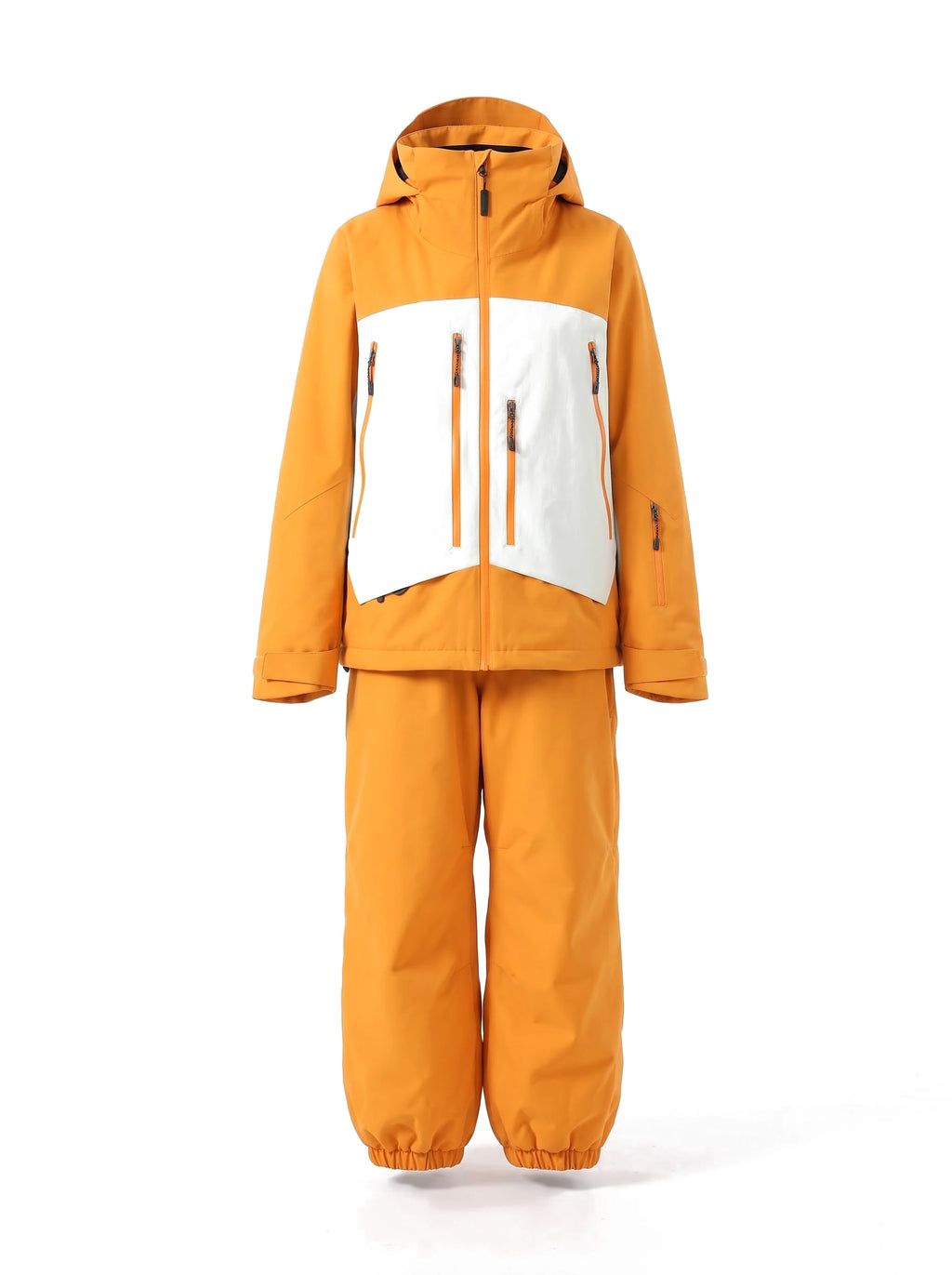 Combinaison de ski unisexe veste 3 couches et pantalon ample – Orange et blanc