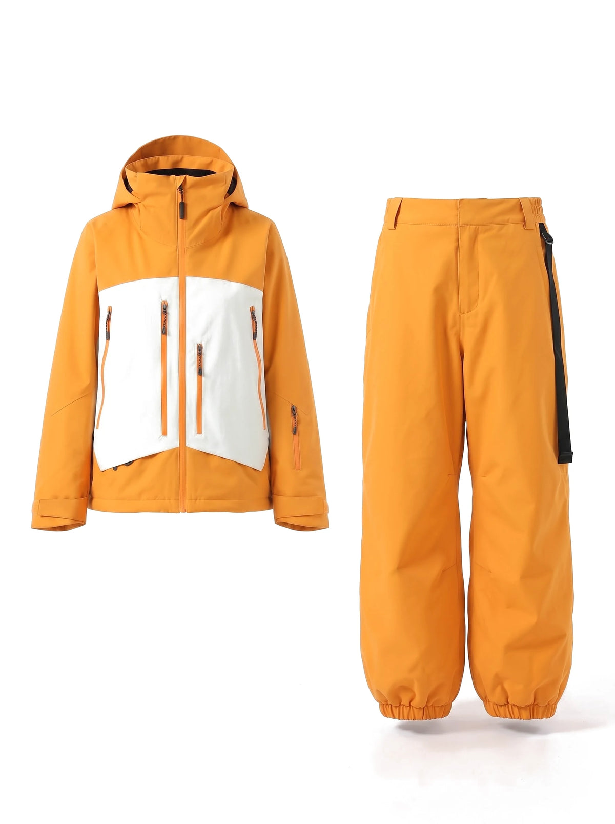 Combinaison de ski unisexe veste 3 couches et pantalon ample – Orange et blanc
